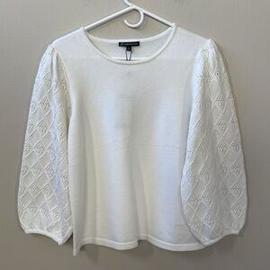 Adrianna Papell Ivory White Crew Neck Jersey Sweater Top with 3/4 Sleeve Sz M